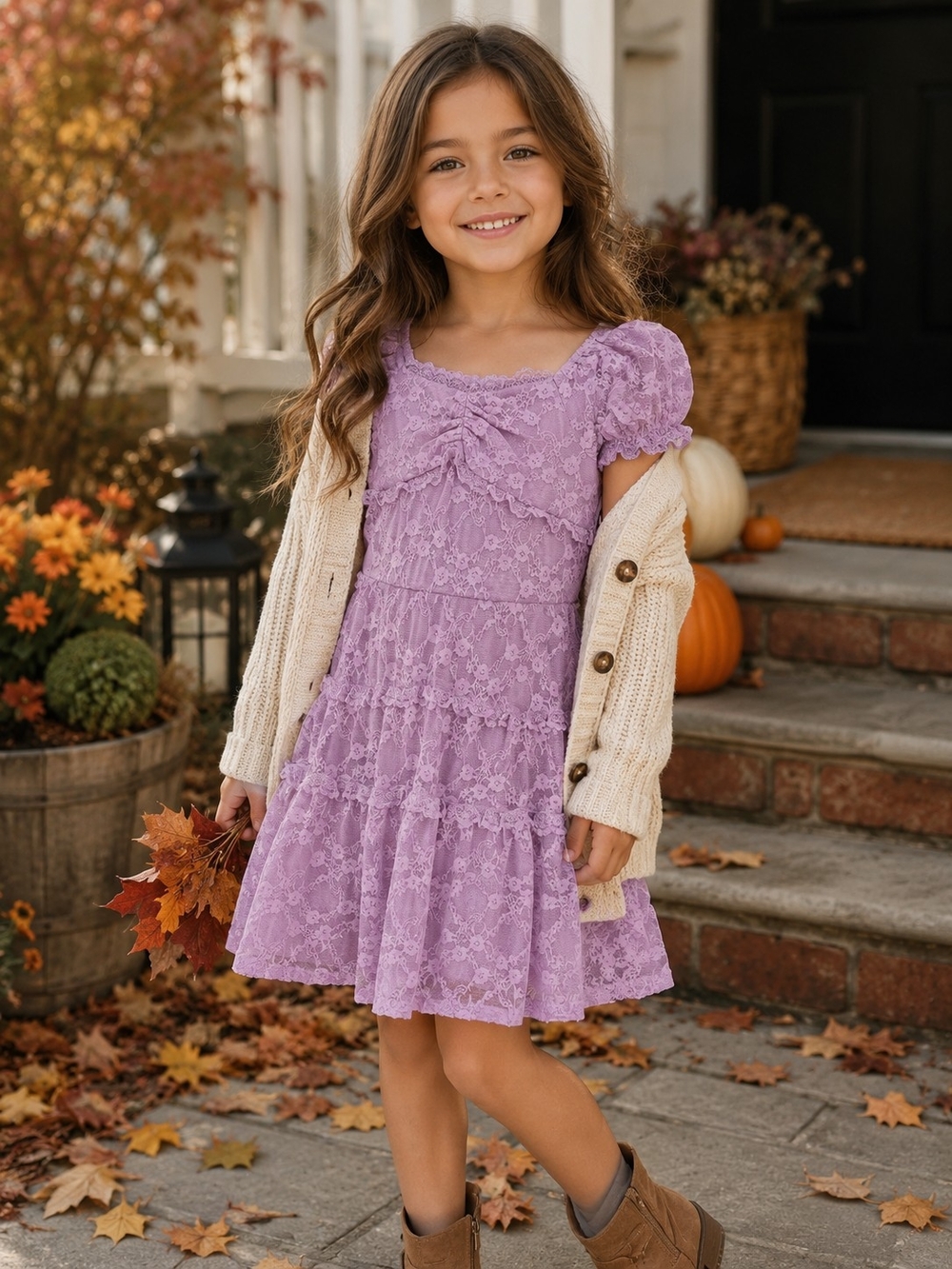 Zenzi Girls Size 8 Lavender Lace Tiered Dress Puff Sleeve NWT